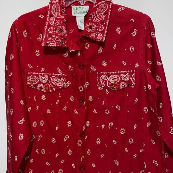 Quaker Factory Women's Red Bandana Paisley Print Rhinestones Blazer Jacket Small - Picture 1 of 13
